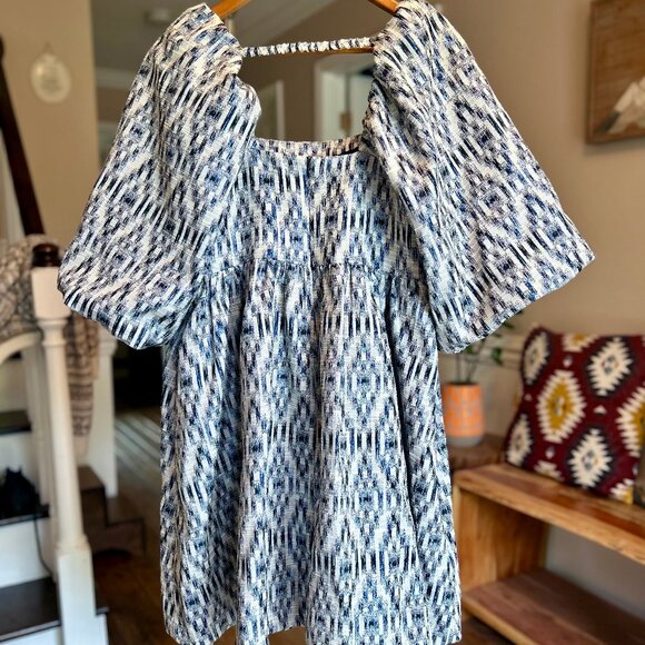 Munthe Chew Blue Ikat Puff Sleeve Babydoll Minidress Size 8 Medium with Pockets - Picture 5 of 14